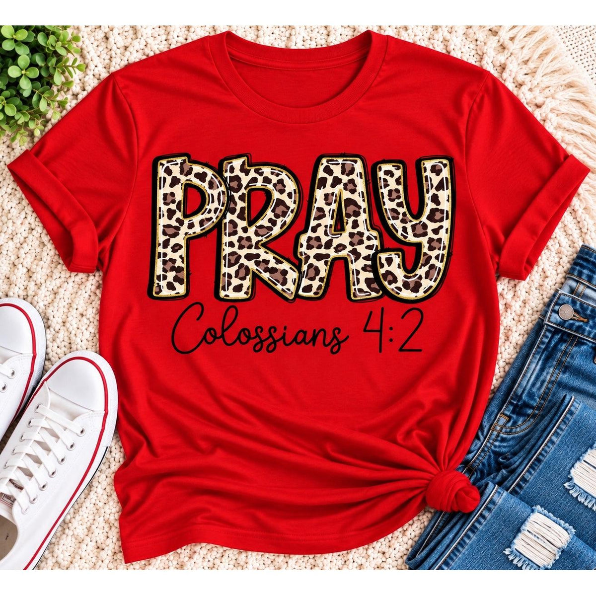 PRAY Colossians 4:2 leopard print Christian graphic shirt available in short sleeve crewneck, V-neck, long sleeve and hoodie styles.