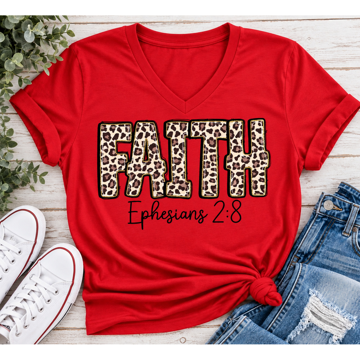 FAITH Ephesians 2:8 leopard print Christian graphic apparel for women in beige and red