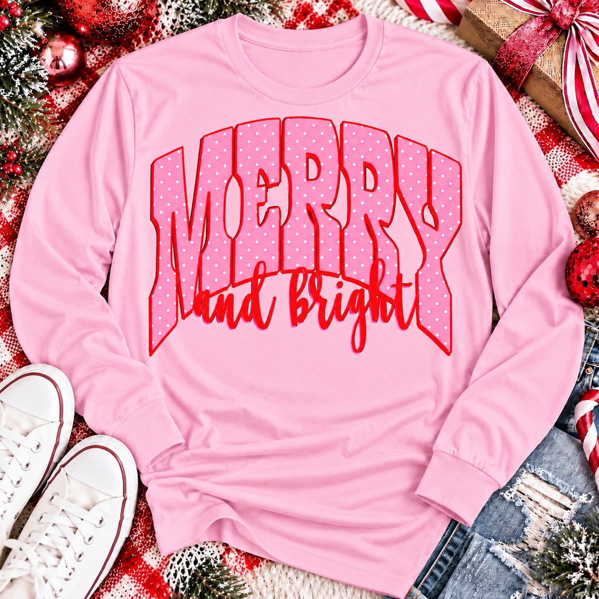 Merry and Bright Christmas graphic apparel with oversized pink polka dot lettering and festive holiday design