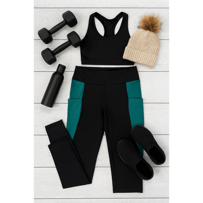 Julia Rose Gracie Green Panel Full Length Leggings women’s boutique leggings front view, Woman wearing Julia Rose Gracie leggings with green panel detail