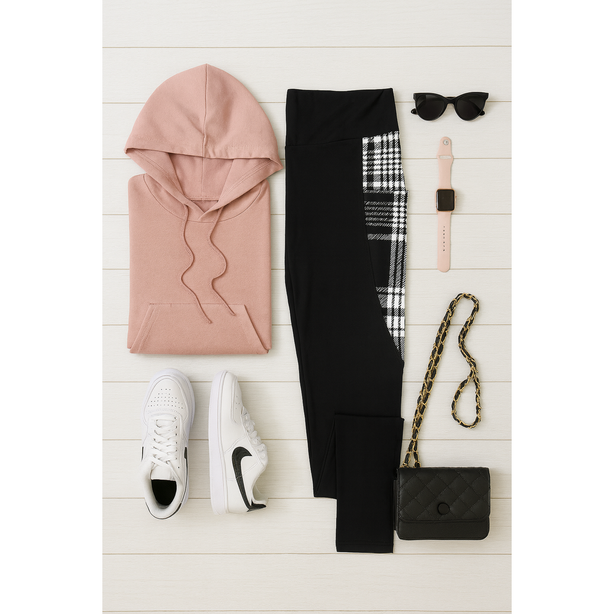 High waisted black leggings with plaid side panel