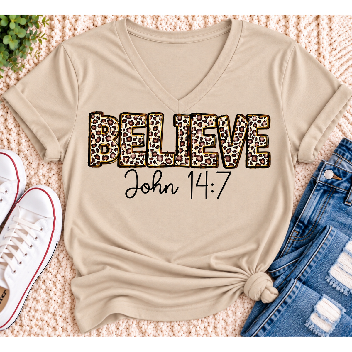 Believe John 14:7  leopard print Christian graphic shirt available in short sleeve crewneck, V-neck, long sleeve and hoodie styles.