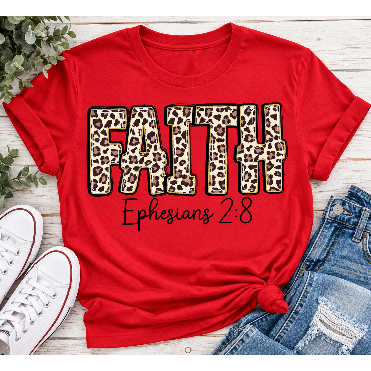 FAITH Ephesians 2:8 leopard print Christian graphic apparel for women in beige and red