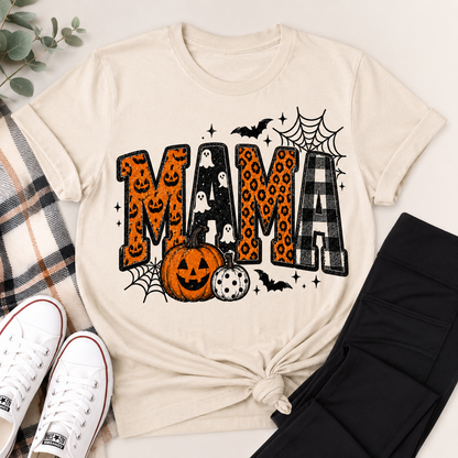 Mama Halloween graphic beige crewneck tee with pumpkins, ghosts, leopard print and plaid design