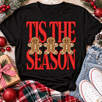Tis the Season Christmas graphic apparel featuring red polka dot lettering and three gingerbread cookies