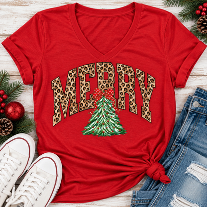 MERRY leopard print Christmas tree graphic apparel for women in black, red and beige