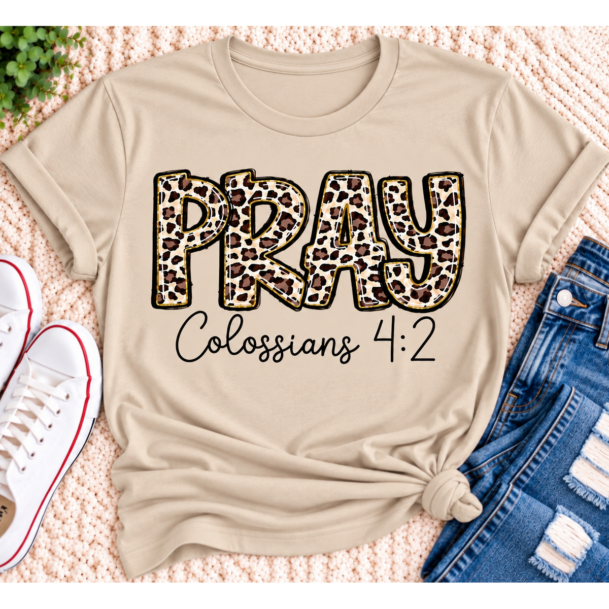 PRAY Colossians 4:2 leopard print Christian graphic shirt available in short sleeve crewneck, V-neck, long sleeve and hoodie styles.