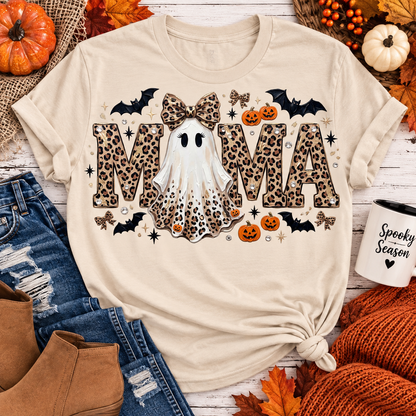 Mama leopard ghost Halloween graphic on cream short sleeve crewneck tee with pumpkins and bats