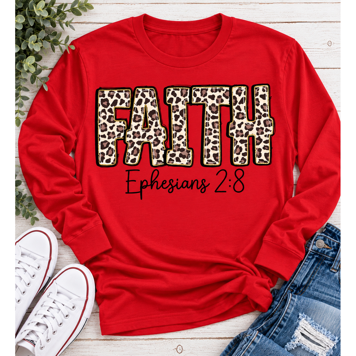 FAITH Ephesians 2:8 leopard print Christian graphic apparel for women in beige and red