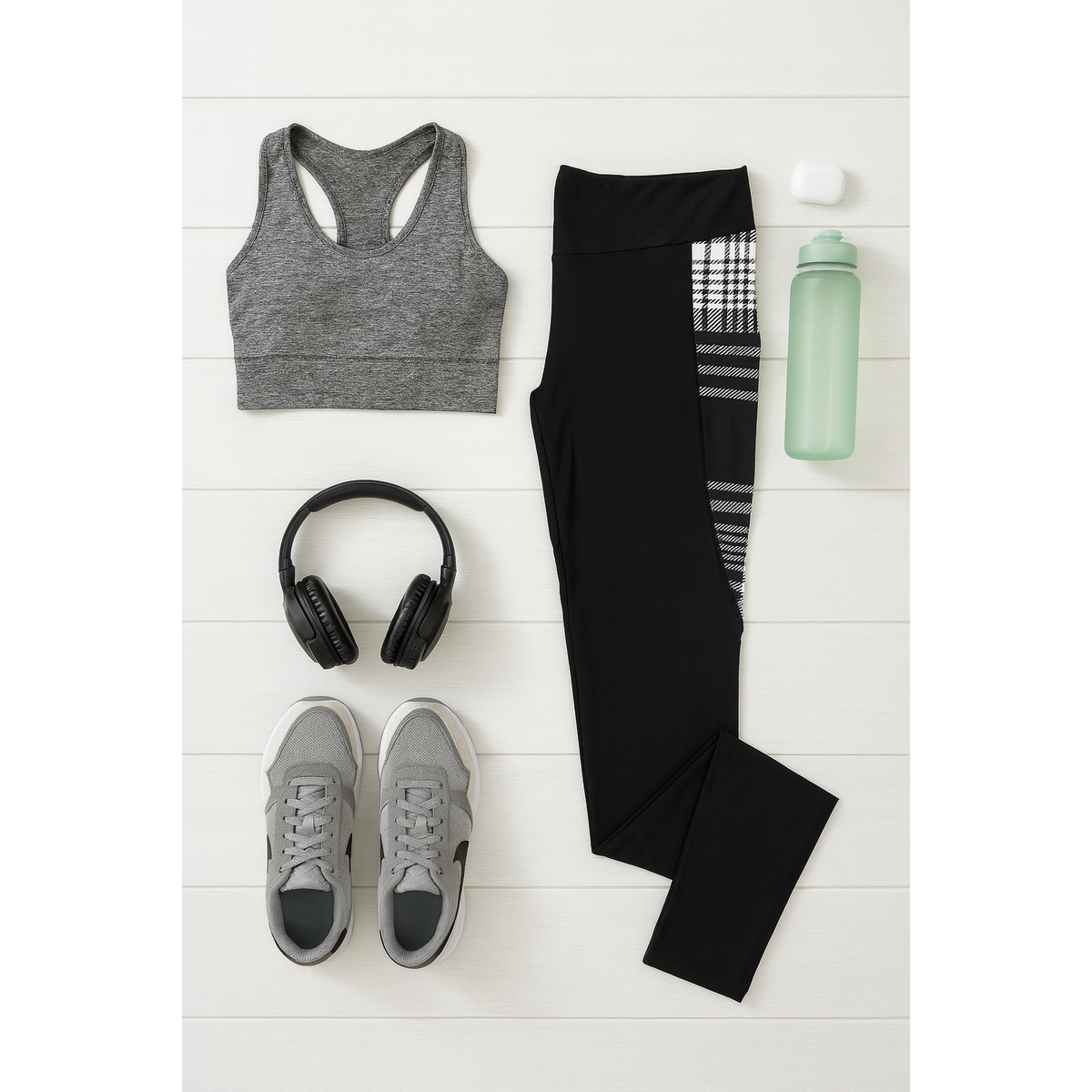 High waisted black leggings with plaid side panel