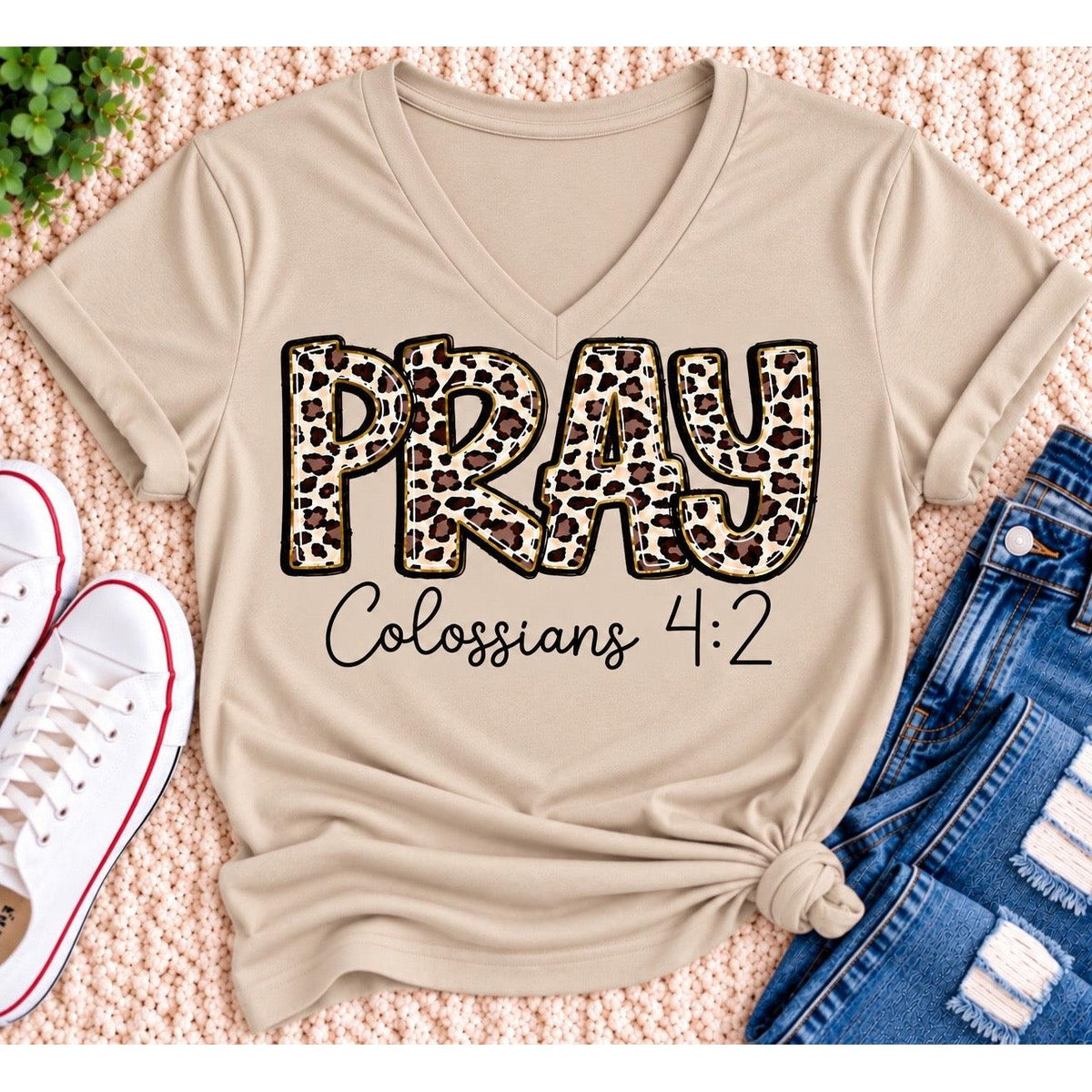 PRAY Colossians 4:2 leopard print Christian graphic shirt available in short sleeve crewneck, V-neck, long sleeve and hoodie styles.
