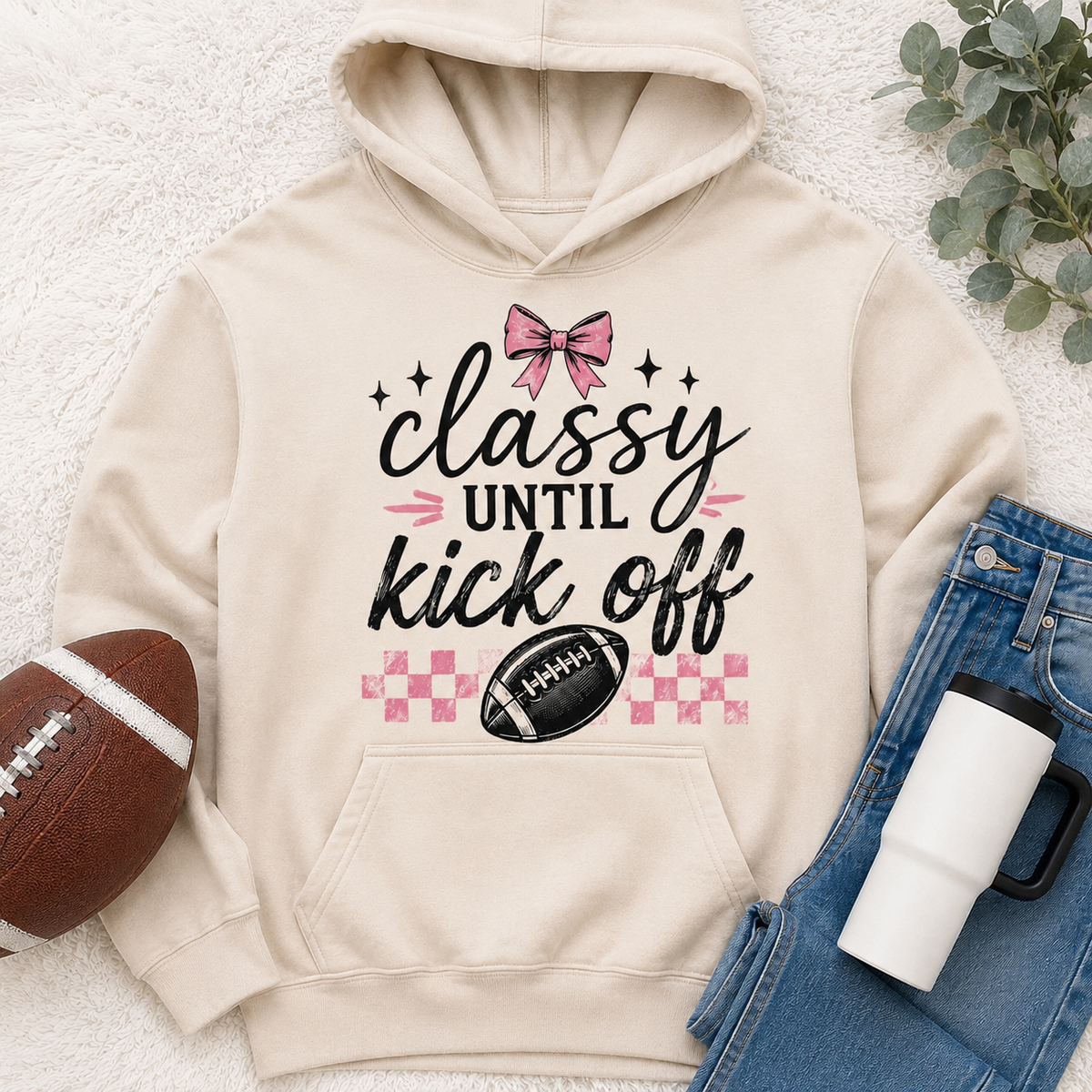 Classy Until Kick Off graphic hoodie with pink bow, football and pink checkerboard game day design
