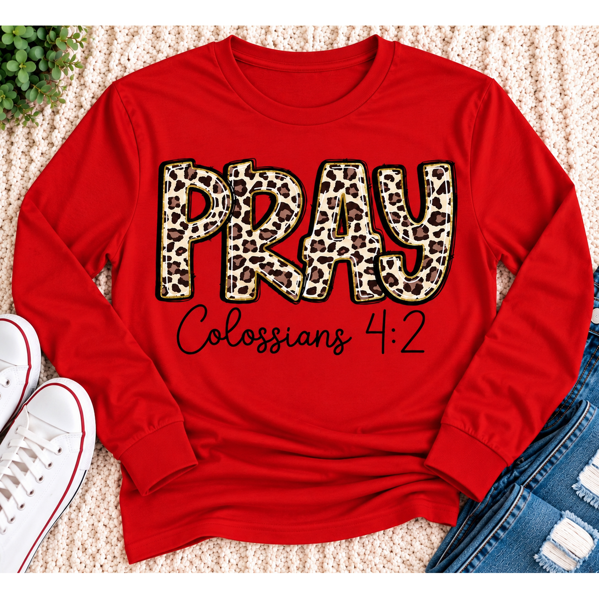 PRAY Colossians 4:2 leopard print Christian graphic shirt available in short sleeve crewneck, V-neck, long sleeve and hoodie styles.