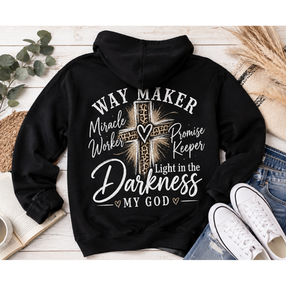 Black hoodie with God heart front graphic and Way Maker leopard cross faith graphic on back