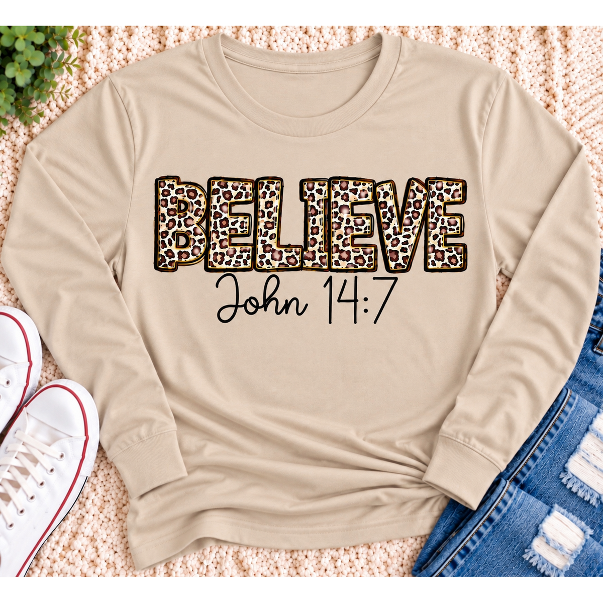 Believe John 14:7  leopard print Christian graphic shirt available in short sleeve crewneck, V-neck, long sleeve and hoodie styles.