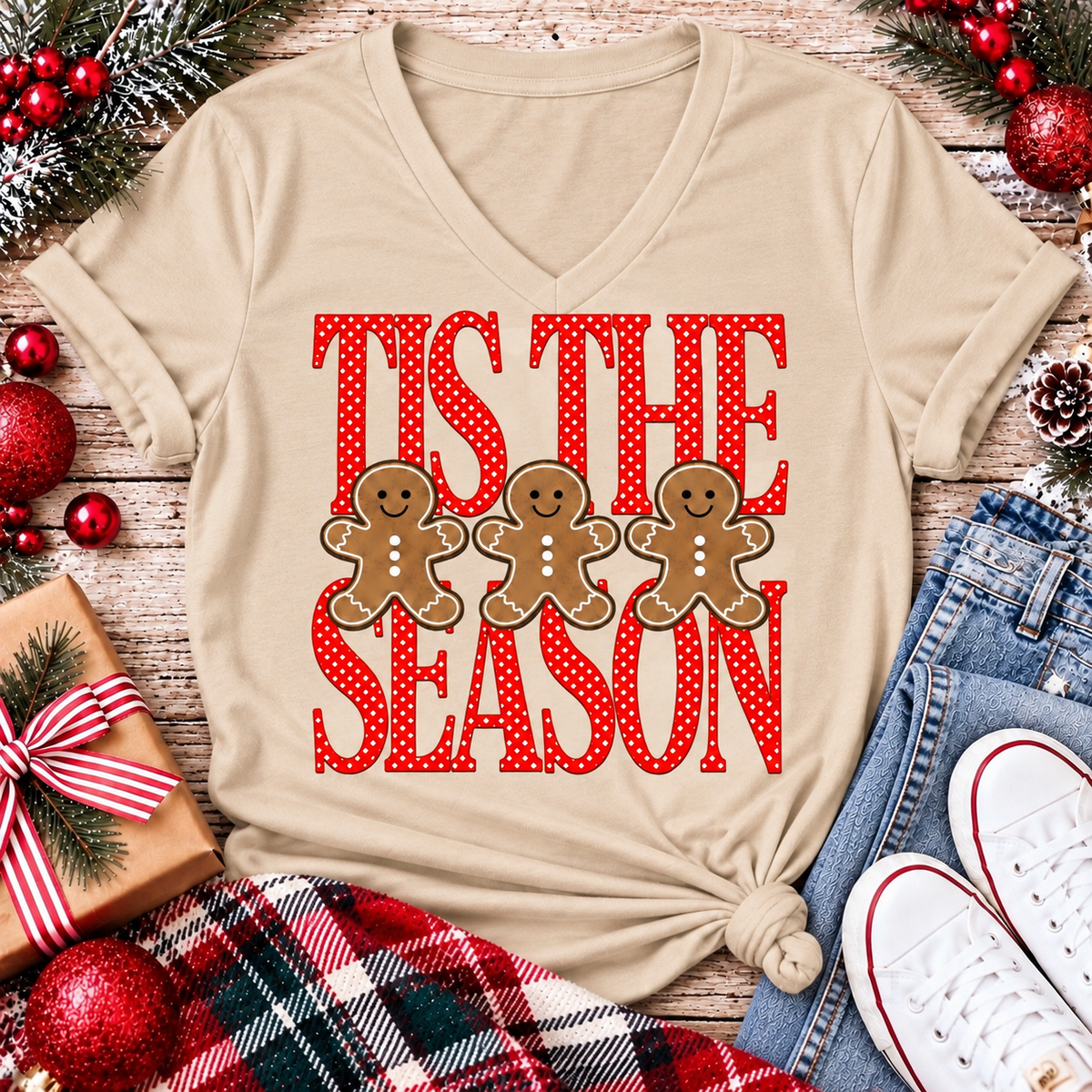 Tis the Season Christmas graphic apparel featuring red polka dot lettering and three gingerbread cookies