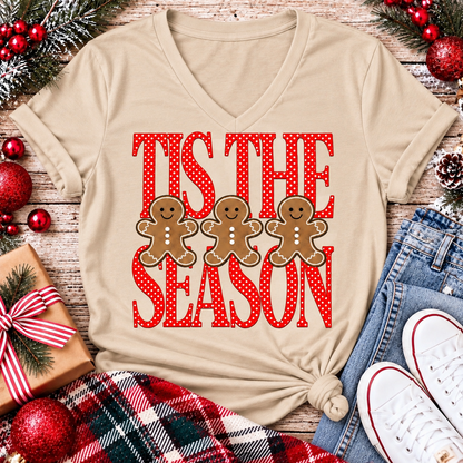 Tis the Season Christmas graphic apparel featuring red polka dot lettering and three gingerbread cookies