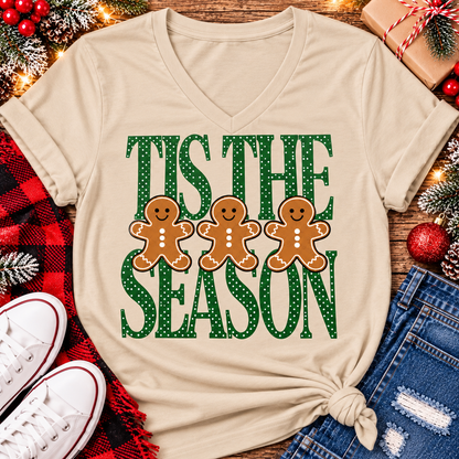 Tis the Season Christmas graphic apparel featuring green polka dot lettering and three gingerbread cookies
