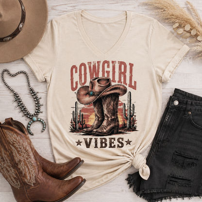 Cowgirl Vibes western graphic apparel featuring cowboy boots, cowgirl hat, cacti and desert sunset design