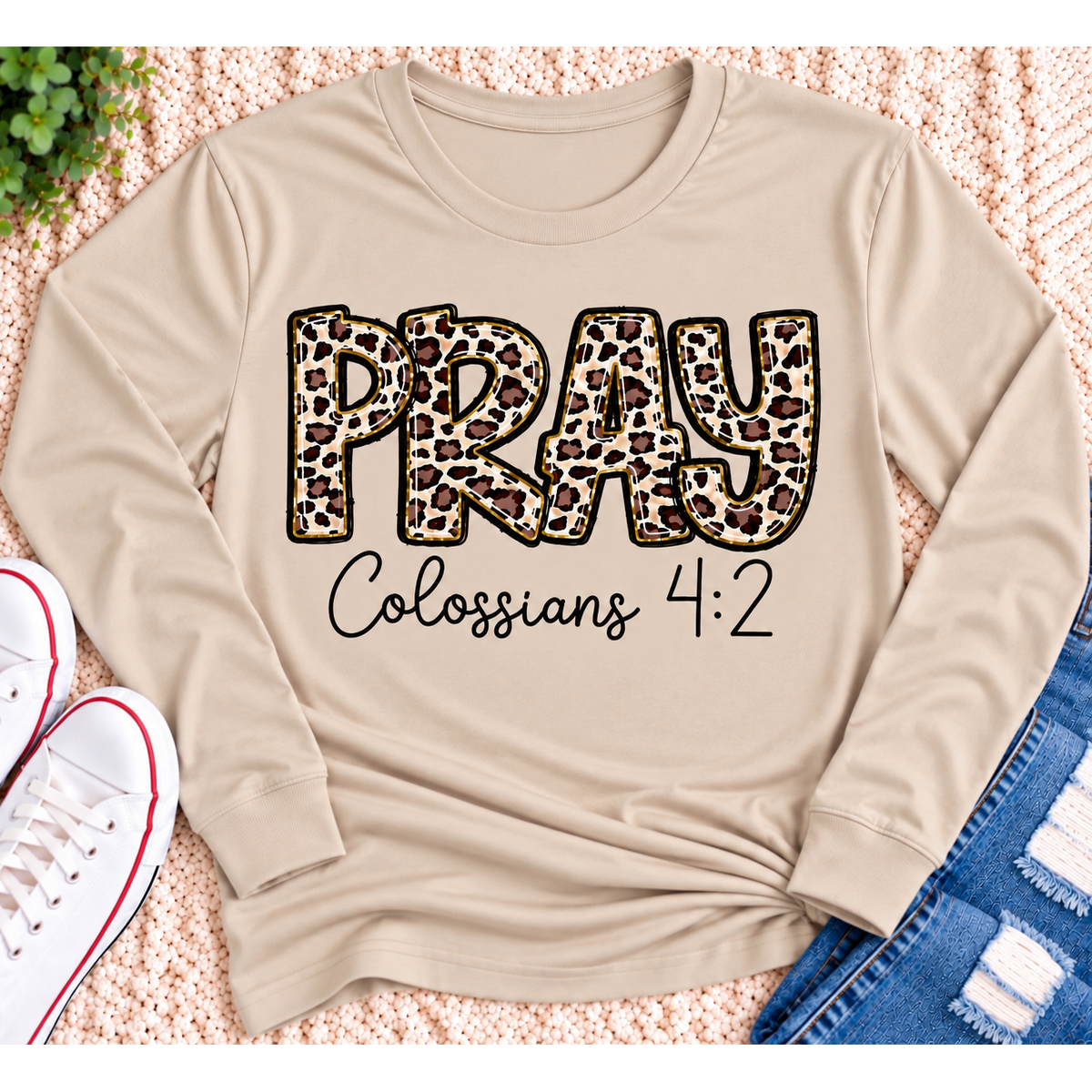 PRAY Colossians 4:2 leopard print Christian graphic shirt available in short sleeve crewneck, V-neck, long sleeve and hoodie styles.