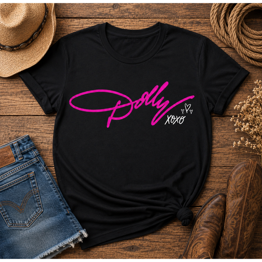 Black Dolly tribute graphic T-shirt featuring bright pink Dolly script with white XOXO and heart details.