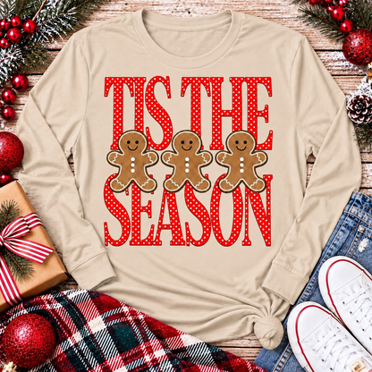 Tis the Season Christmas graphic apparel featuring red polka dot lettering and three gingerbread cookies