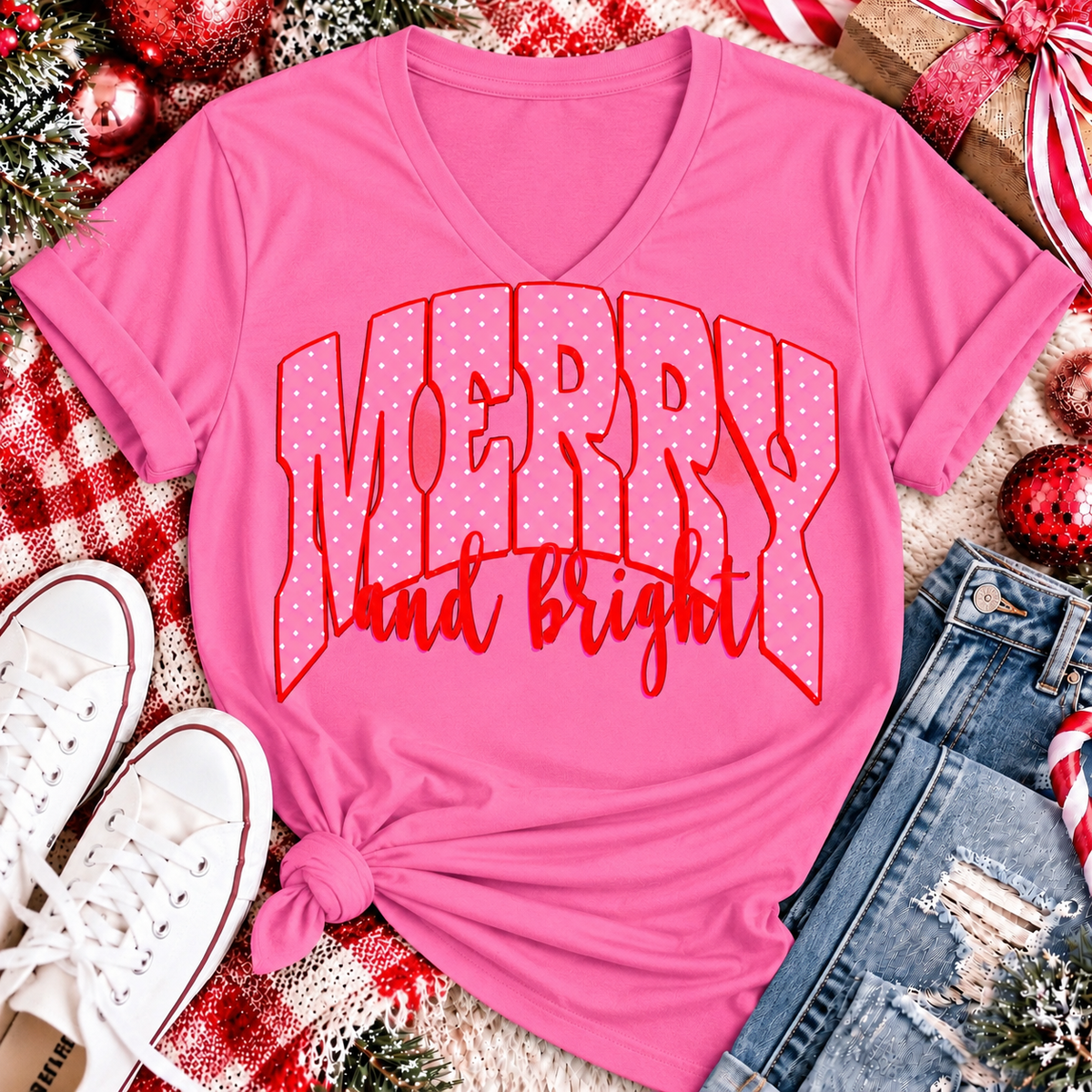 Merry and Bright Christmas graphic apparel with oversized pink polka dot lettering and festive holiday design