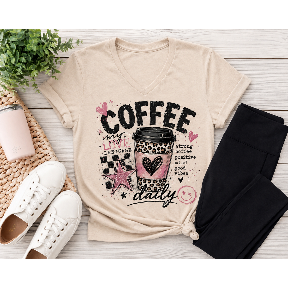 Coffee My Love Language graphic V-neck tee with pink and leopard print coffee cup design
