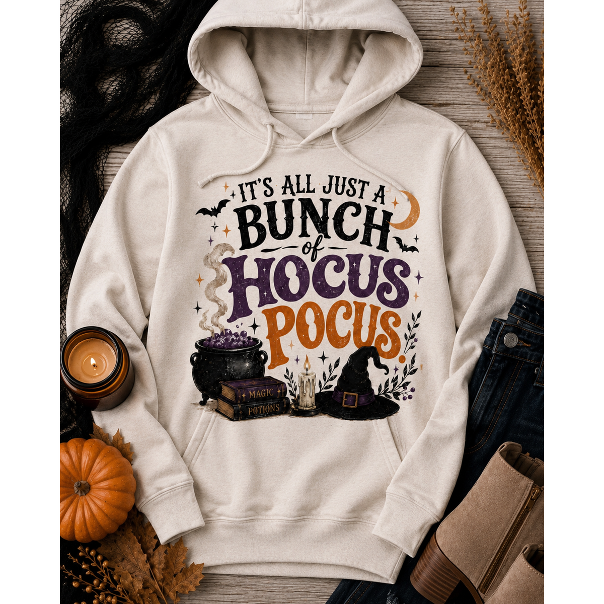 Hocus Pocus Halloween graphic hoodie featuring witch hat, cauldron, bats and spell books