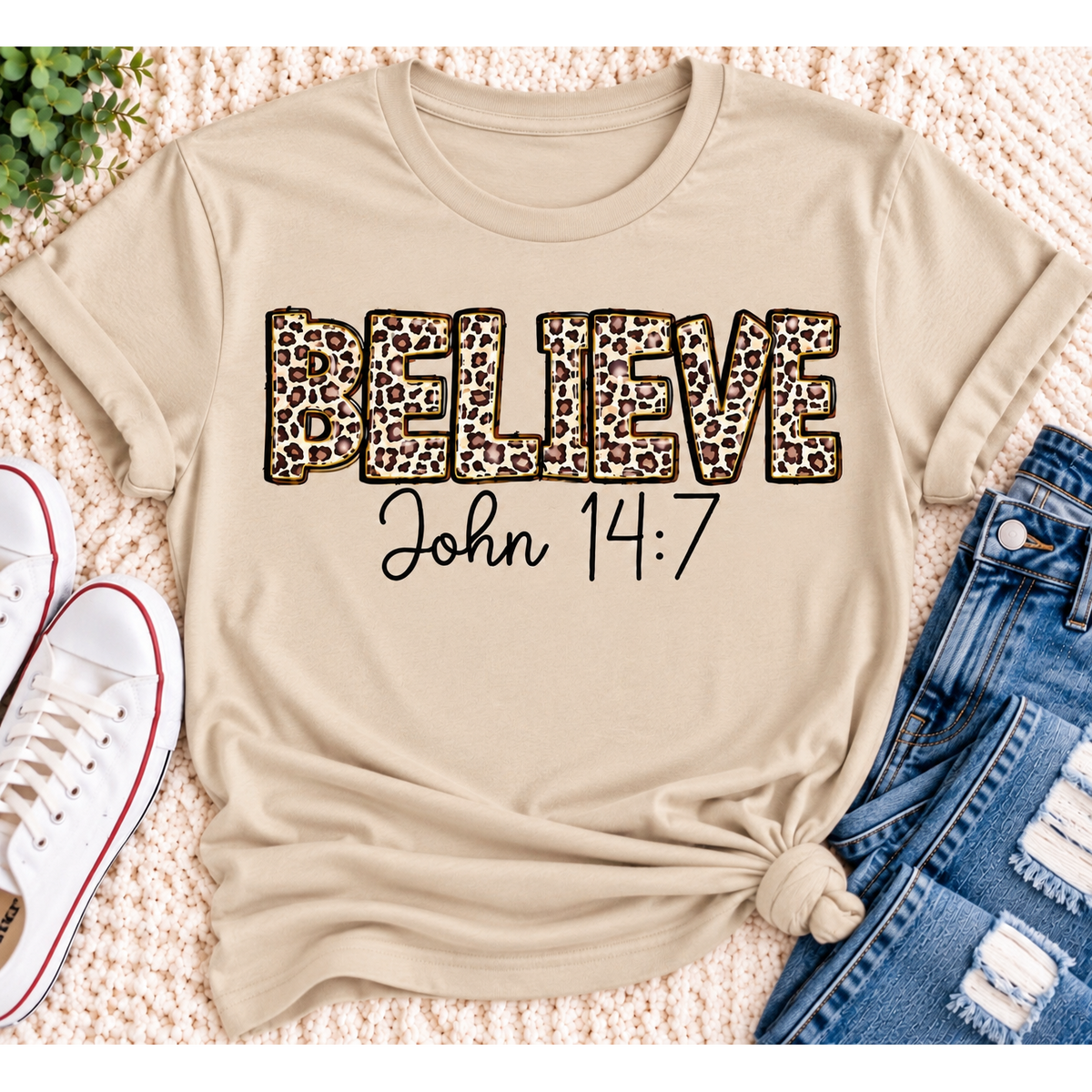 Believe John 14:7  leopard print Christian graphic shirt available in short sleeve crewneck, V-neck, long sleeve and hoodie styles.