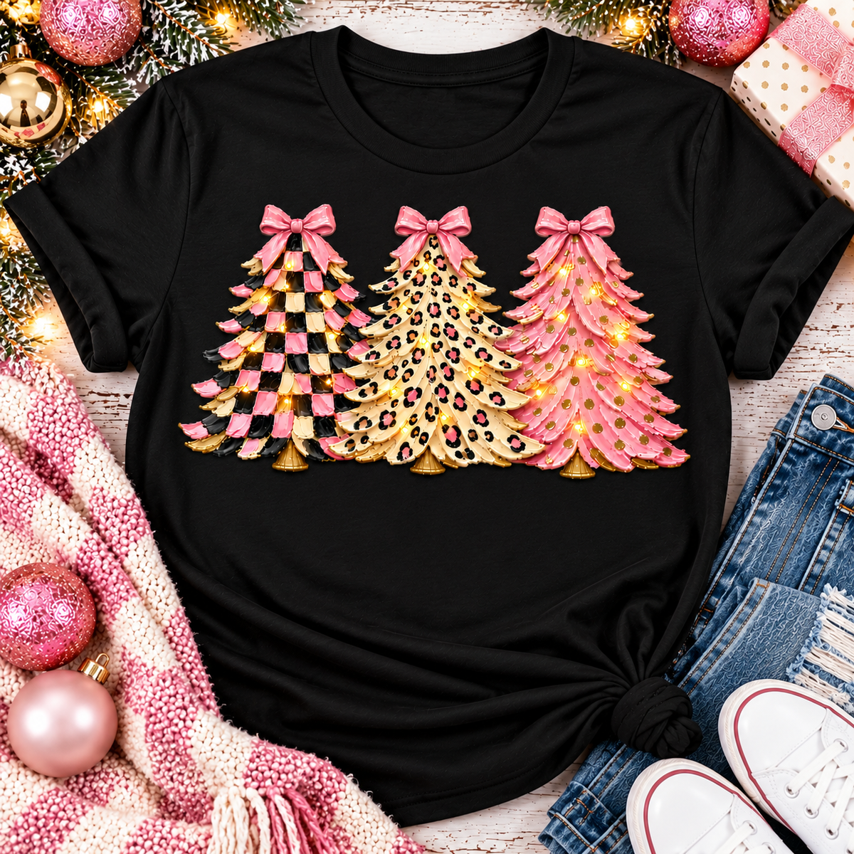 Pink leopard and checkered Christmas trees graphic apparel for women in pink and black