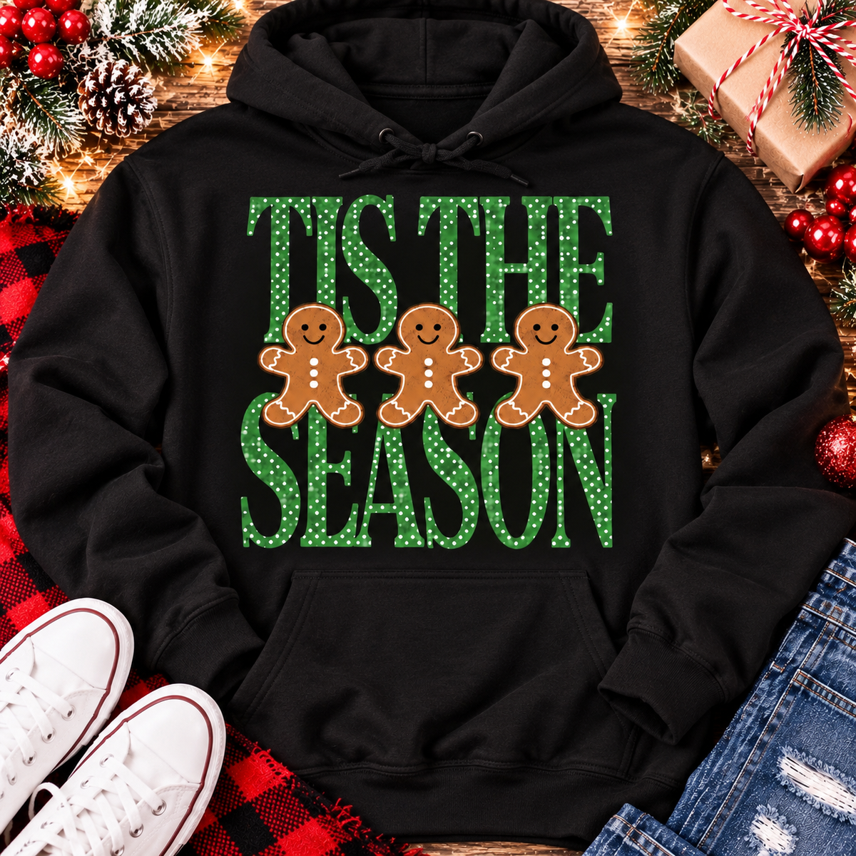 Tis the Season Christmas graphic apparel featuring green polka dot lettering and three gingerbread cookies