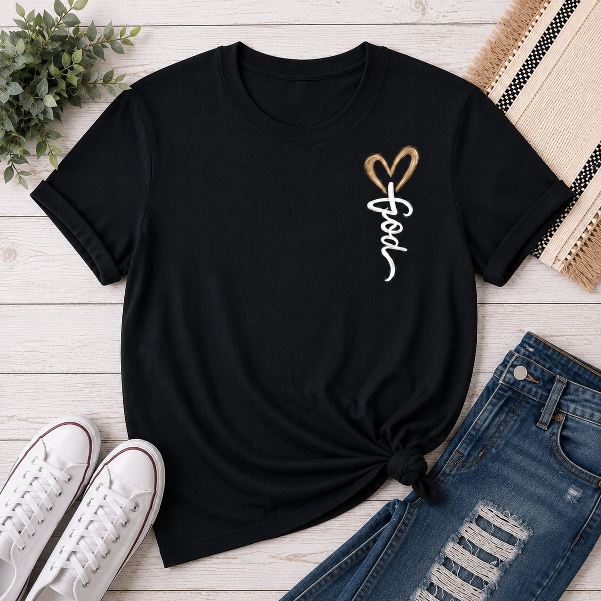 Black crew neck tee with God heart front graphic and Way Maker leopard cross faith graphic on back