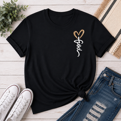 Black crew neck tee with God heart front graphic and Way Maker leopard cross faith graphic on back